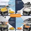 A collage of images showcasing different functions of a multi-cooker, including deep frying, slow cooking rice, steaming vegetables, and sous vide cooking. Produktbild-Vorschau
