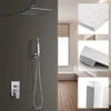 A collage of images showing a modern shower system, including a rain shower head, handheld shower, and control panel, along with close-up details of the product's features and materials. Podgląd zdjęcia produktu