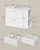 Diagrams and measurements of a white vanity cabinet with drawers and open shelving. Náhled obrázku produktu