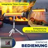 A patio heater is shown in use outdoors with a fire pit in the background, and indoors with a person sleeping. Text overlays highlight features. Produktbild-Vorschau