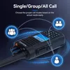 A close-up marketing image of a black two-way radio with a blue background and graphic overlays. Podgląd zdjęcia produktu
