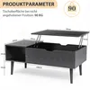 A diagram showing the dimensions and features of a black lift-top coffee table. Voir les images du produit