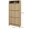 A tall, narrow shoe cabinet with three flip-down doors, made of wood-effect material, shown against a white background. Dimensions are indicated with text overlays. Náhľad obrázku produktu