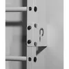 Close-up of a white metal gym apparatus, likely a wall bar, showing a bracket with a logo and bolts. Produktbild-Vorschau