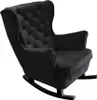 A black rocking armchair with tufted backrest and armrests, shown against a white background.