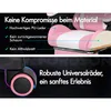 A split image showing details of a pink gaming chair. The top half highlights material quality with text and a close-up of the chair's cushion. The bottom half shows a close-up of a wheel and text about its robustness. Podgląd zdjęcia produktu