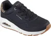A single black Skechers sneaker with leopard print accents is shown from a side-angle against a white background. Voir les images du produit