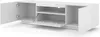 A white, modern media console with its doors open, revealing shelves and compartments. The console is shown from a slightly elevated, diagonal angle against a white background. Náhled obrázku produktu