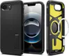 Three views of a black iPhone case, one showing the front, one the back, and one the interior with a yellow shock-absorbing layer. Náhled obrázku produktu