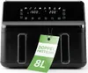 A black double air fryer with a green tag hanging from one of the handles. Voir les images du produit