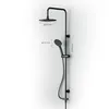A black shower system with a rain shower head and a handheld shower head, mounted on a white wall. Dimensions are indicated with text. Produktbild-Vorschau