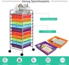 A multi-tiered rolling cart with colorful drawers, displayed with some items in the top drawers and in separate trays. Anteprima dell’immagine prodotto