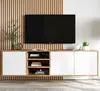 A modern media console with a wall-mounted television above it, set against a slatted wooden wall. Podgląd zdjęcia produktu
