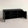 A black shoe cabinet with a cushioned seat on top, shown with one door open. Náhľad obrázku produktu