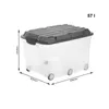 A clear, well-lit studio shot of a transparent storage box with an anthracite lid and wheels, showing its dimensions. Produktbild-Vorschau