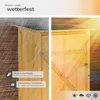 A split image showing a wooden garden shed in rain and sunshine, with text overlays describing its features. Produktbild-Vorschau