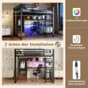 A collage showing two different installation options for a loft bed with a desk and LED lighting, along with feature callouts. Náhled obrázku produktu