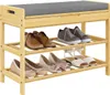 A wooden shoe rack with a padded seat is shown, displaying various types of footwear on its shelves. Produktbild-Vorschau