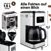A collage of images showing a coffee maker, its packaging, and accessories, with overlaid text and dimensions. Anteprima dell’immagine prodotto