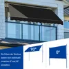 A balcony awning shown on a building, with diagrams illustrating its adjustable corners. Náhľad obrázku produktu