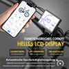 A hand holding a smartphone displaying an e-bike app next to the e-bike's handlebar display. Produktbild-Vorschau