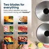 Collage showing different food items that can be sliced with the product, with images of the product's blades on the side. Anteprima dell’immagine prodotto