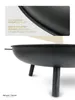 A close-up view of a black metal fire bowl with text overlays highlighting its features. Produktbild-Vorschau