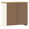 The back view of a white and brown sideboard with a tan top. Voir les images du produit