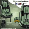 A green and black child car seat with various features highlighted by text and close-up images. Produktbild-Vorschau