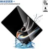 A tablet screen protector is shown partially submerged in water, with water splashing around it. Icons indicating water resistance and fingerprint protection are visible in the top right corner. Produktbild-Vorschau