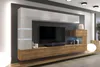 A modern living room entertainment center with a TV, shelves, and cabinets, illuminated by LED lights. Anteprima dell’immagine prodotto