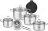 A set of stainless steel pots and pans with glass lids, along with a black silicone lid, arranged on a white background. Anteprima dell’immagine prodotto