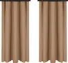 Two beige curtains hanging from a rod. Produktbild-Vorschau