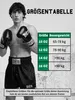 A boxer wearing boxing gloves and shorts stands next to a size chart for boxing gloves. Anteprima dell’immagine prodotto