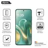 A marketing image showcasing a phone screen protector with feature callouts. Produktbild-Vorschau