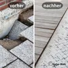 A split image showing a 'before' and 'after' of an outdoor area. The 'before' side shows damaged stone steps and dirt. The 'after' side shows a new wooden deck and gravel. Produktbild-Vorschau