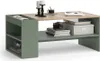 A modern coffee table with integrated shelving, featuring a green frame and a light wood-effect tabletop. Náhled obrázku produktu