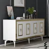 A white and gold sideboard is displayed in a room with dark gray walls and a light gray floor. Produktbild-Vorschau