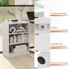 A white three-shelf bookcase is shown with various items on its shelves, including books and decorative objects. The image is divided into four sections, with three inset images highlighting product features and one showing the bookcase itself. Podgląd zdjęcia produktu