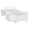 A white wooden bed frame with integrated storage and a desk attachment, shown from a diagonal angle against a white background. Produktbild-Vorschau