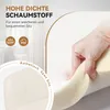 A hand pressing into a foam cushion, with text overlays describing the product's features. Voir les images du produit