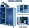 A blue wooden garden shed with its doors open, showing internal shelves and storage space. Inset images highlight storage features and tools. Voir les images du produit