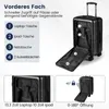 A black suitcase is shown open, with various compartments highlighted and labeled. The image also includes diagrams and text explaining features. Anteprima dell’immagine prodotto