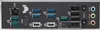 The back panel of a computer motherboard, showing various ports and connectors. Produktbild-Vorschau