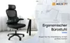 A black ergonomic office chair is shown in a bright, modern office setting with a desk and lamp in the background. Text overlays describe the product and its benefits. Produktbild-Vorschau