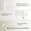 Collage of images showing different aspects of a white electric towel radiator, including its design, heating element, and cable. Voir les images du produit