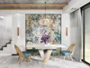 A dining room with a table and chairs, decorated with a large floral mural. Anteprima dell’immagine prodotto