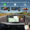A car dashboard with a navigation screen displaying maps and music, and a smartphone showing a similar interface, set against a backdrop of a highway. Produktbild-Vorschau