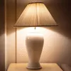A close-up shot of a white table lamp with a pleated beige lampshade, placed on a light-colored surface. Anteprima dell’immagine prodotto