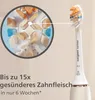 Close-up of a toothbrush head with a diagram showing its bristles, next to the toothbrush handle with brand name and model number. Voir les images du produit